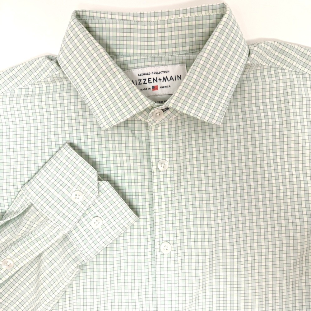 Mizzen + Main Leeward Dress Shirt Mens Large Trim Fit Green Check Performance